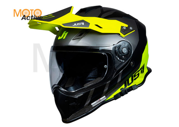 Шлем мотард JUST1 J34 PRO OuterSpace (черный/титановый/Hi-Vis желтый глянцевый)